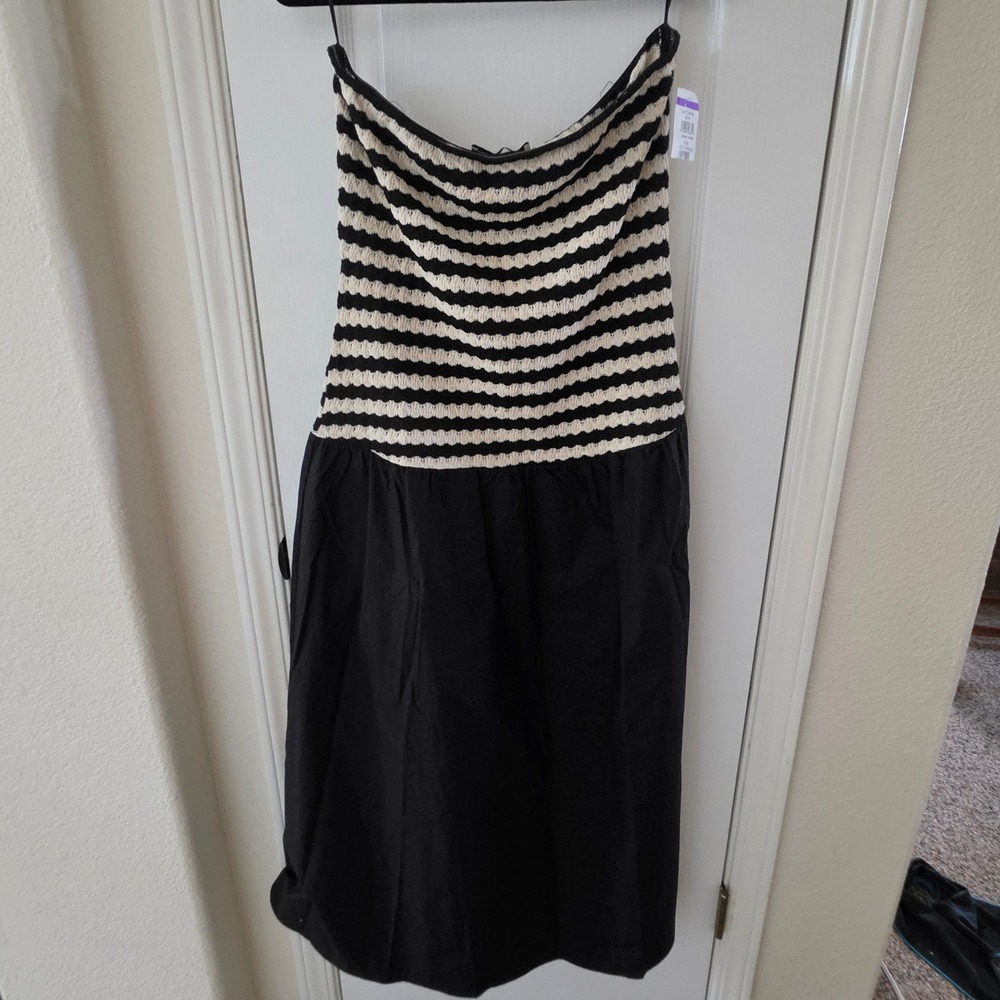 MNG Mango Strapless Striped Knit Midi Dress Black White Size 8